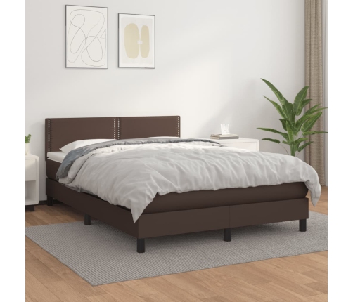 Cama box spring con colchón cuero sintético marrón 140x190 cm