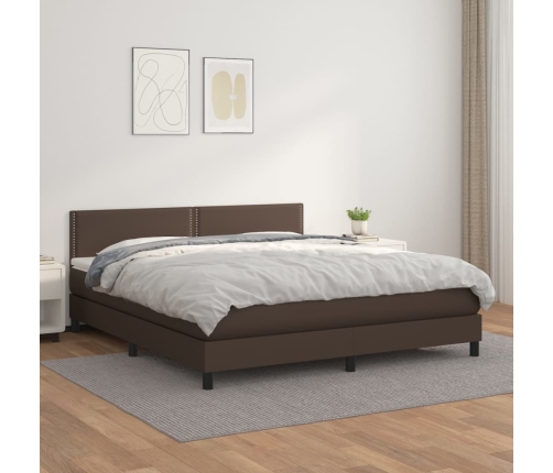 Cama box spring con colchón cuero sintético marrón 180x200 cm