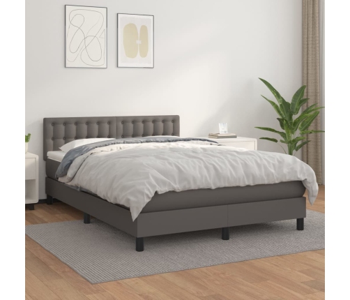 Cama box spring con colchón cuero sintético gris 140x190 cm