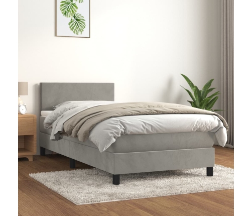 Cama box spring con colchón terciopelo gris claro 80x200 cm