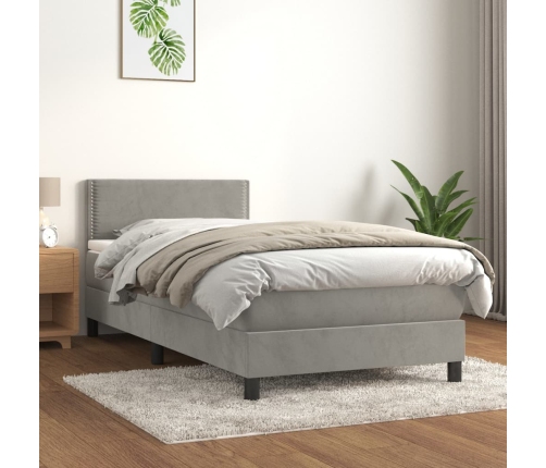 Cama box spring con colchón terciopelo gris claro 80x200 cm