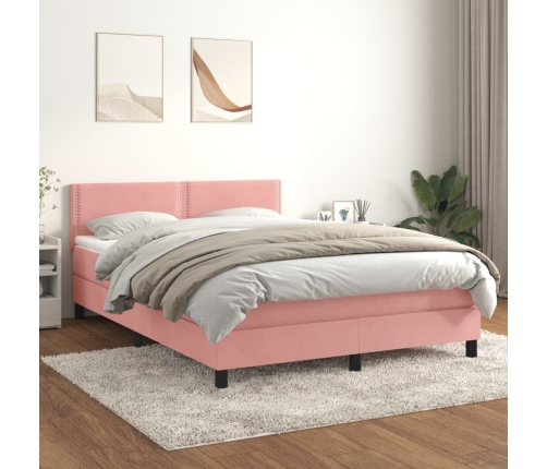 Cama box spring con colchón terciopelo rosa 140x190 cm