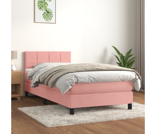 Cama box spring con colchón terciopelo rosa 90x190 cm
