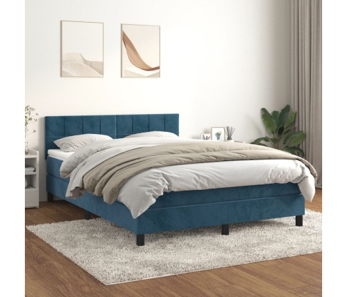 Cama box spring con colchón terciopelo azul oscuro 140x200 cm