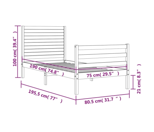 Estructura de cama individual con cabecero madera maciza blanco