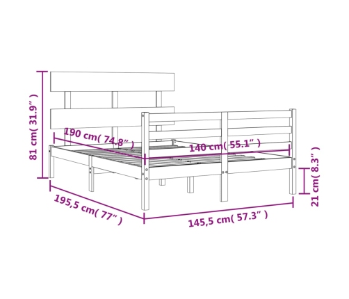 Estructura de cama con cabecero madera maciza gris 140x190 cm