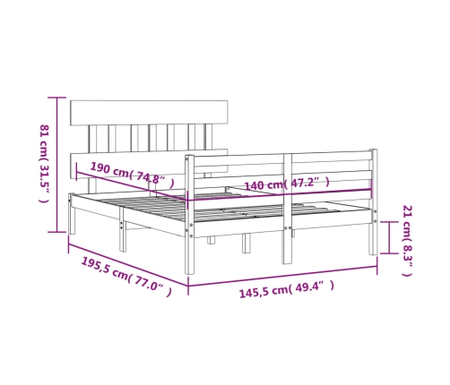 Estructura de cama con cabecero madera maciza 140x190 cm