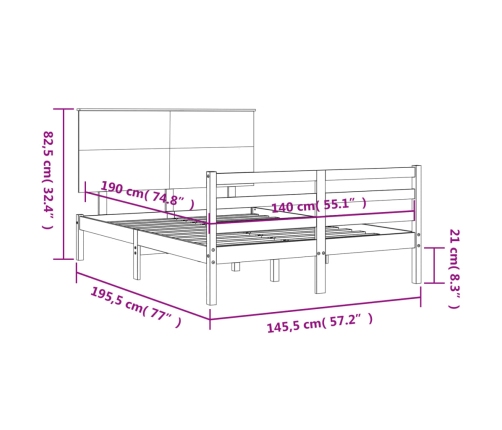 Estructura de cama con cabecero madera maciza 140x190 cm