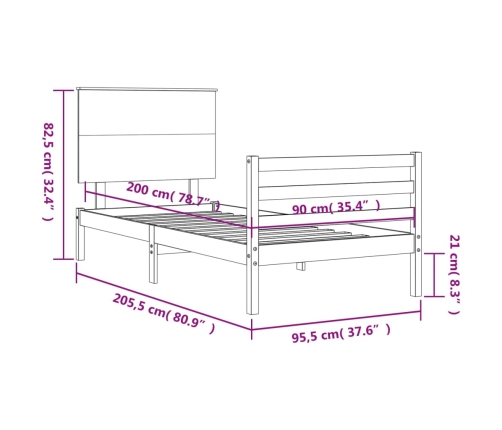 Estructura cama con cabecero madera maciza marrón miel 90x200cm