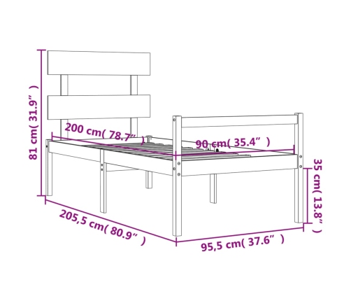 Cama para personas mayores con cabecero madera maciza 90x200 cm