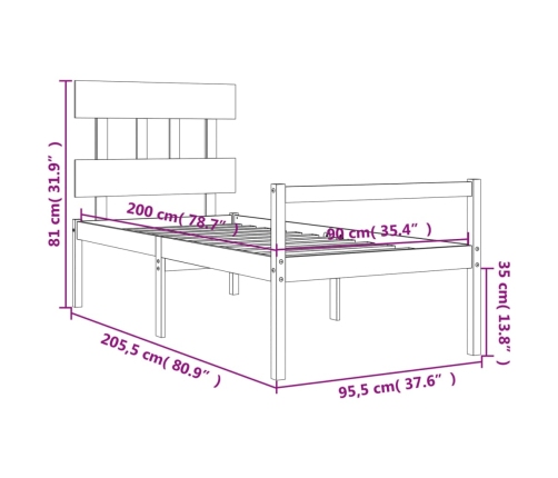 Cama para personas mayores con cabecero madera maciza 90x200 cm