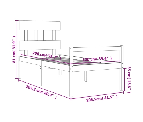 vidaXL Cama para personas mayores con cabecero madera maciza 100x200cm