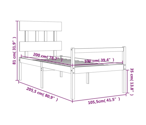 vidaXL Cama personas mayores cabecero madera maciza blanco 100x200 cm