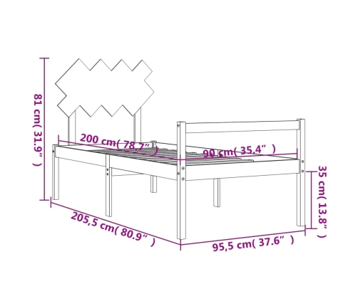 vidaXL Cama para personas mayores con cabecero madera maciza 90x200 cm