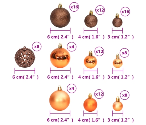 Bolas de Navidad 100 unidades marrón 3 / 4 / 6 cm