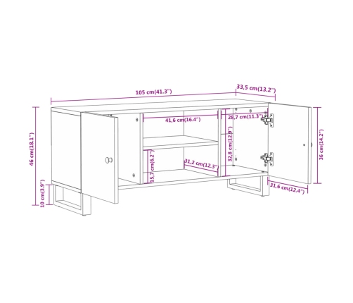 Mueble de TV madera maciza mango marrón y negro 105x33,5x46 cm