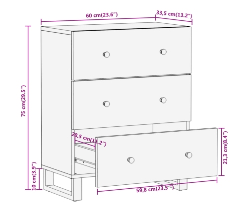 Mueble auxiliar madera maciza mango marrón/negro 60x33,5x75 cm