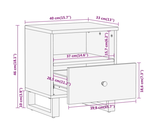 Mesita de noche de madera maciza de mango marrón y negro