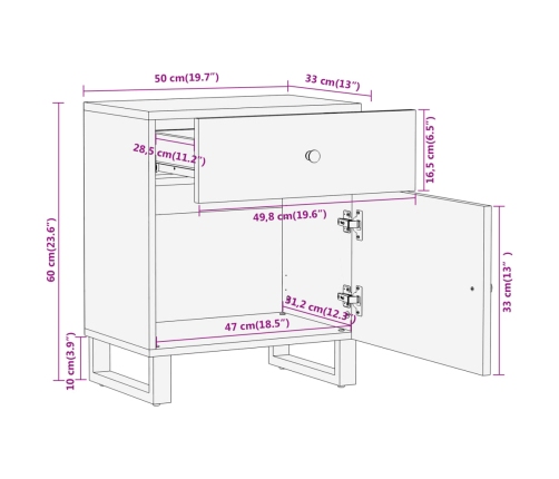 Mesita de noche madera maciza mango marrón y negro 50x33x60 c