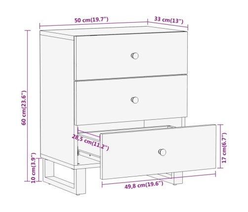 Mesita de noche madera maciza mango marrón y negro 50x33x60 c