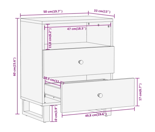 Mesita de noche madera maciza mango marrón y negro 50x33x60 c