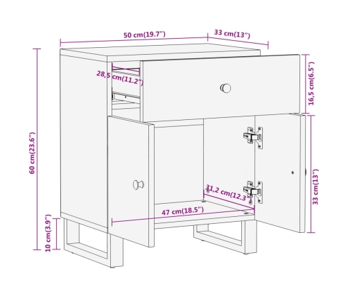 Mesita de noche madera maciza mango marrón y negro 50x33x60 c