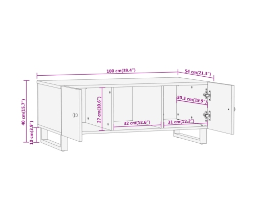 Mesa de centro madera maciza de mango negro marrón 100x54x40 cm