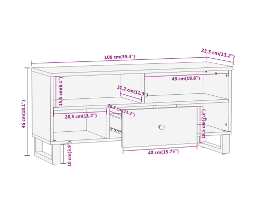 Mueble de TV madera maciza mango marrón y negro 100x33,5x46 cm