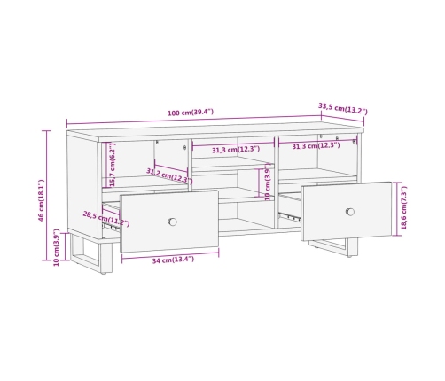 Mueble de TV madera maciza mango marrón y negro 100x33,5x46 cm