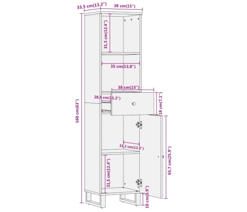 Mueble de baño madera maciza mango marrón negro 38x33,5x160 cm