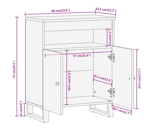 Mueble auxiliar madera maciza mango marrón/negro 60x33,5x75 cm