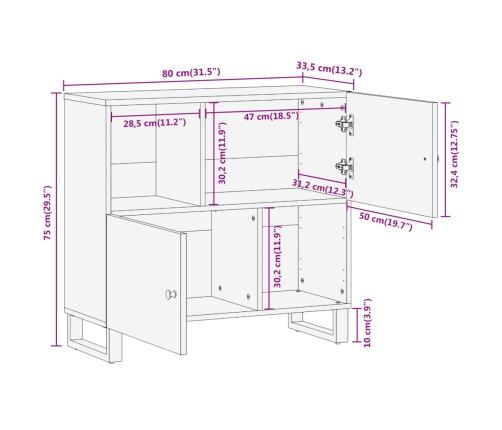 Mueble auxiliar madera maciza mango marrón/negro 80x33,5x75 cm