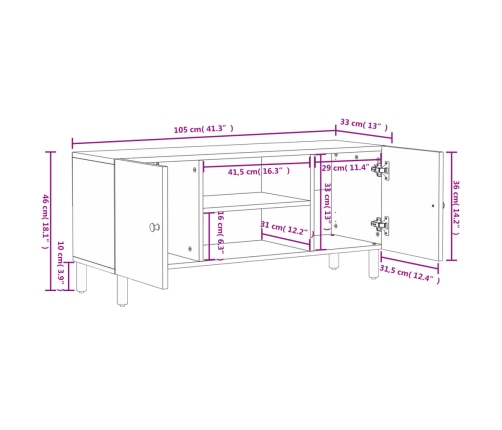 Mueble de TV madera maciza de mango negro 105x33x46 cm