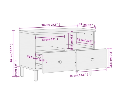 Mueble de TV madera maciza de mango negro 70x33x46 cm