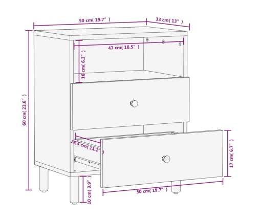 Mesita de noche madera maciza de mango negra 50x33x60 cm