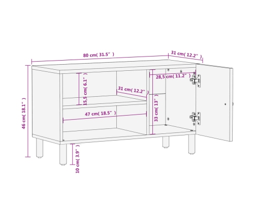 Mueble de TV madera maciza de mango negro 80x31x46 cm