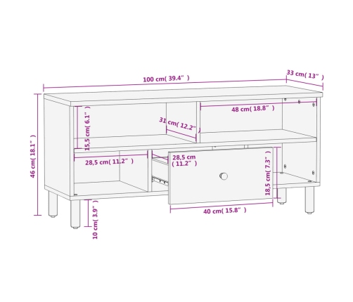 Mueble de TV madera maciza de mango negro 100x33x46 cm