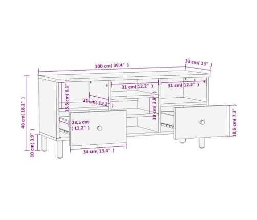 Mueble de TV madera maciza de mango negro 100x33x46 cm