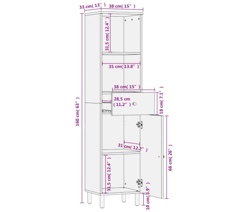 Mueble de baño de madera maciza de mango negro 38x33x160 cm