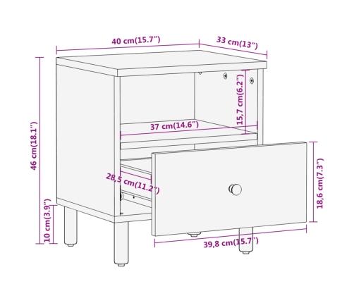 Mesita de noche de madera maciza de acacia 40x33x46 cm