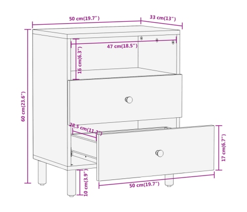 Mesita de noche madera maciza de acacia 50x33x60 cm