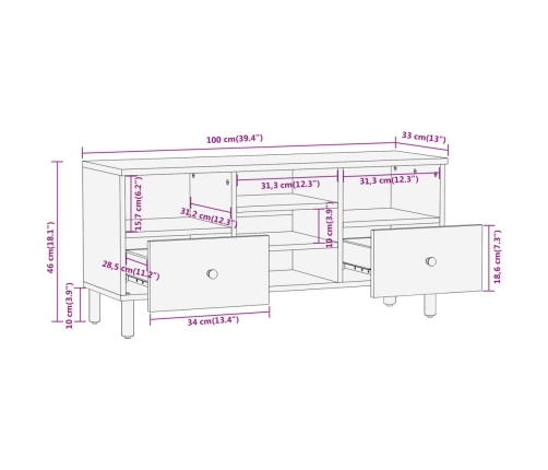 Mueble de TV madera maciza de acacia 100x33x46 cm