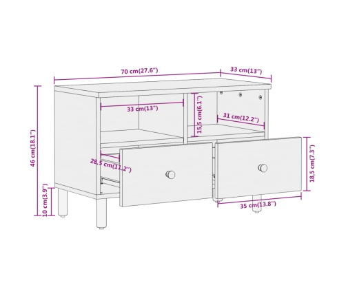 Mueble de TV madera maciza de mango 70x33x46 cm