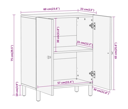 Armario auxiliar madera maciza de mango 60x33x75 cm