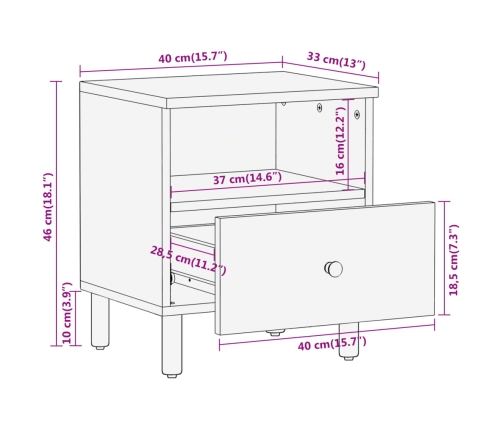 Mesita de noche de madera maciza de mango 40x33x46 cm