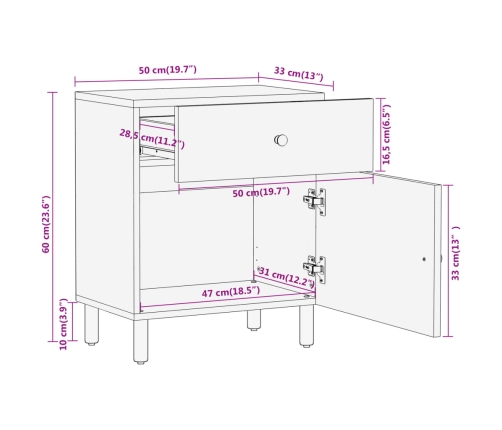 Mesita de noche madera maciza de mango 50x33x60 cm