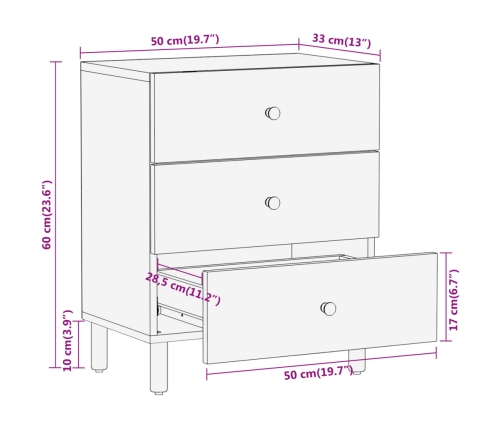 Mesita de noche madera maciza de mango 50x33x60 cm