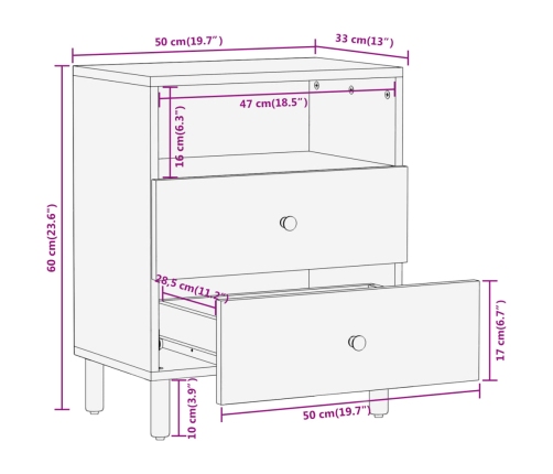 Mesita de noche madera maciza de mango 50x33x60 cm