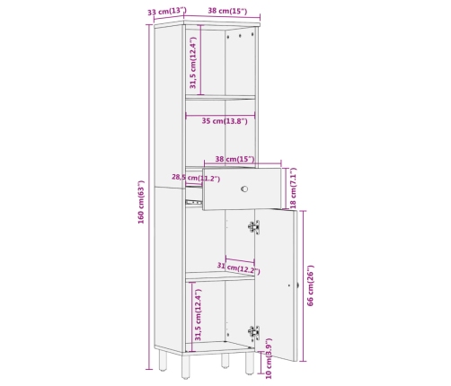 Mueble de baño madera maciza de mango 38x33x160 cm