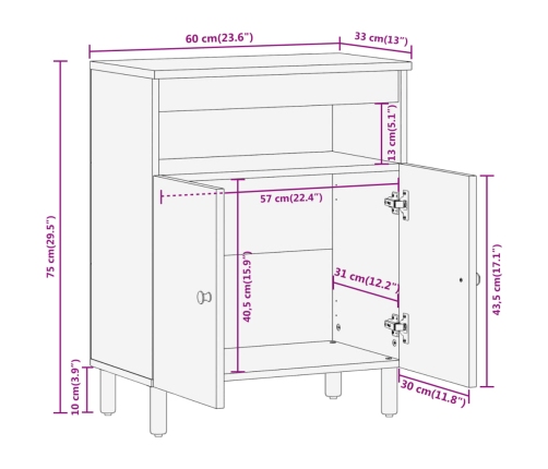 Armario auxiliar madera maciza de mango 60x33x75 cm